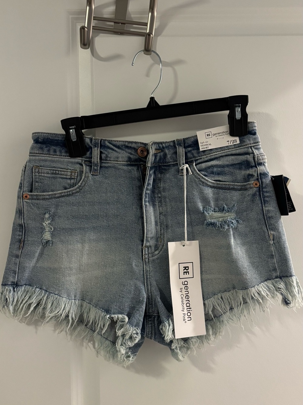 Celebrity Pink Light Blue Frayed Hem Denim Shorts